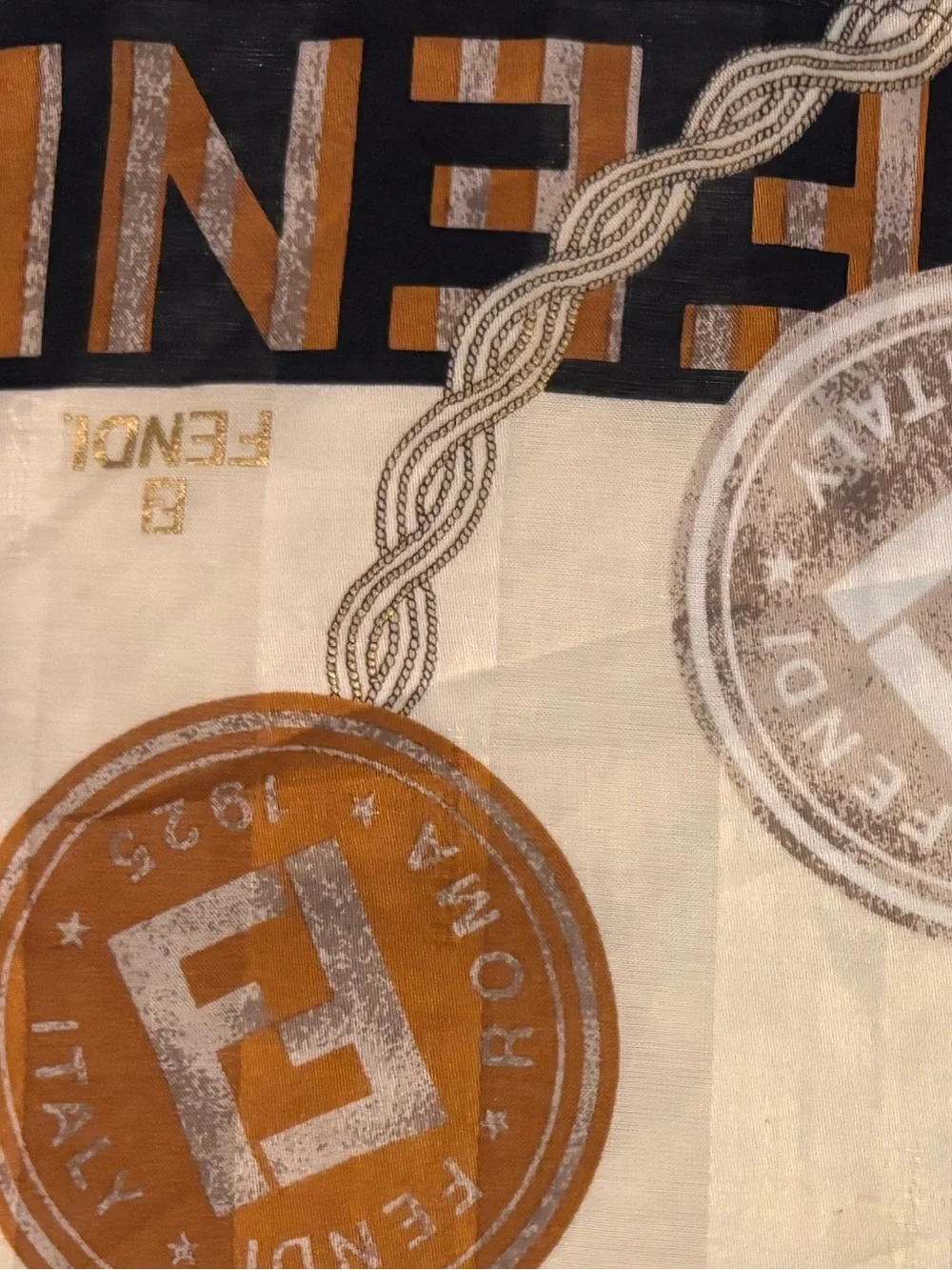 Fendi Cream, Brown & Tan Logo Medallion Cotton Scarf 22.5 x 22.5